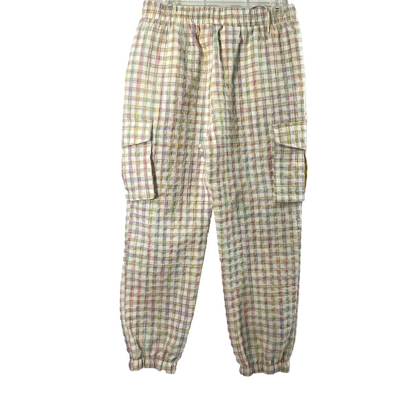 Lili Sidonio Pants Womens Large Neon Plaid Seersucker Elastic Cuff Cargo Pockets - Picture 2 of 14